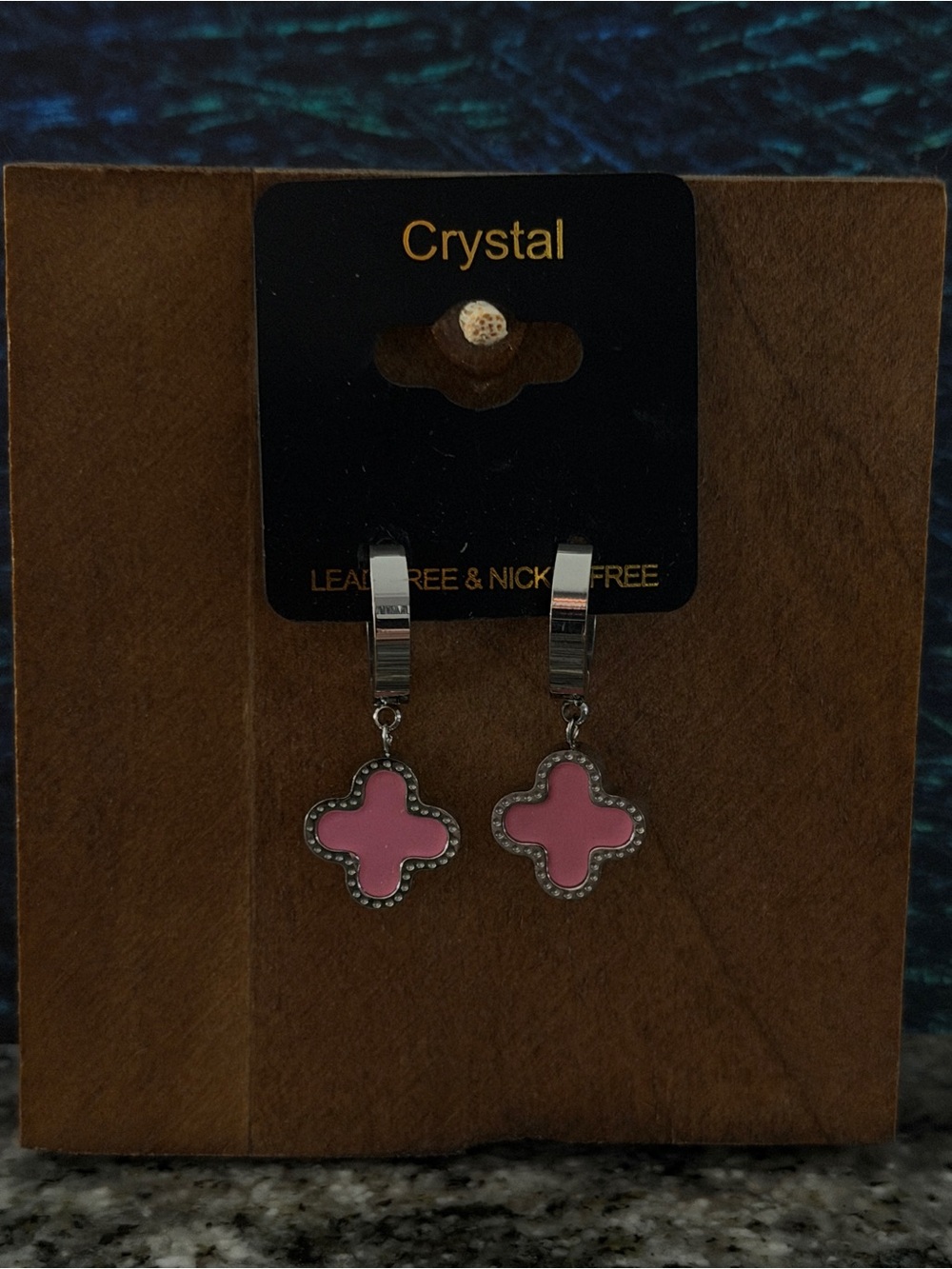 Pink Four Leaf Clover Huggie snap hoop Earrings - Silver Tone Motif